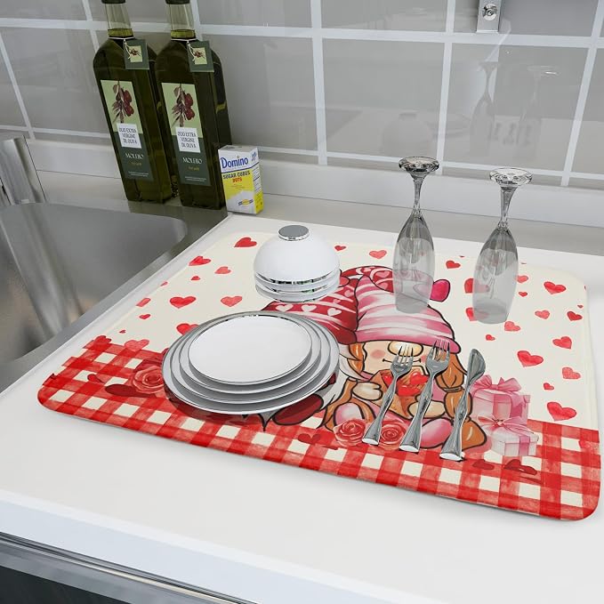 Love Gnome Dish Drying Mat 18"x24" Red Heart Microfiber Dish Drainer Rack Mat Holiday Absorbent Dishes Pad for Kitchen Counter Sink Decor