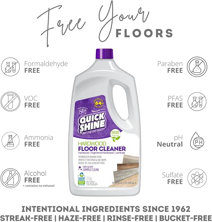 Quick Shine Hardwood Floor Cleaner 64 oz-4 Pk, Streak-Free, No Residue | Powered by Baking Soda, Fresh Island Essence, pH Neutral, No Rinse, PFAS & Ammonia Free, EPA Safer Choice Made in USA