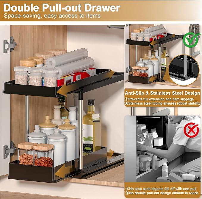 NIUXX Expandable Under Sink Organizer: 2 Tier Under Cabinet Organizer - Double Pull Out Shelf Under Sink Storage for Kitchen - Bathroom and Laundry Room - Space Saving