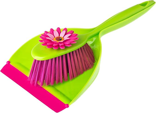 Vigar Flower Power Dust Pan and Brush Set - Mini Broom and Dustpan Set, Handheld Broom and Dustpan Set With Whisk Broom, Small Dustpan and Brush Set, Compact Indoor Sweeper for Countertop - Pink Green