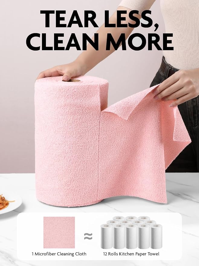 Fantasticlean Microfiber Cleaning Cloth Roll- 90 Sheets, 12" x 12" (Pink) | Super Absorbent, Lint-free, Tear-away Microfiber Towel Roll, for All-Purpose Cleaning, Reusable Alternative to Paper Towels