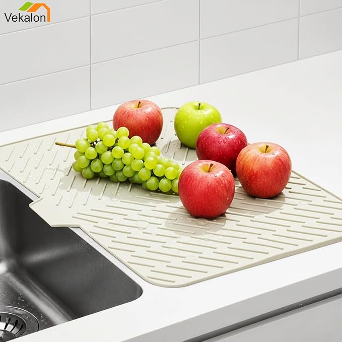 Large Silicone Dish Drying Mat – 23"x17" Sloped Sink Draining Tray with Sponge Holder for Kitchen Counter, Angled Surface for Water Drainage, Silicone Rack Mat with Drain Lip(Beige)