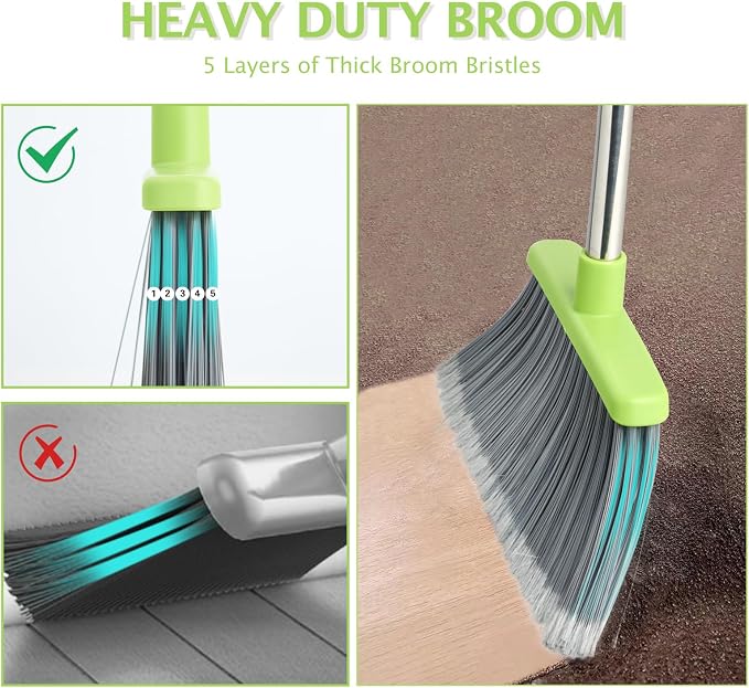 Broom and Dustpan Combo Set,51" Long Handle,Gray Green | Heavy Dust, Dustpans with Broom Combo for Home, Kitchen, Office, Classroom,Apartment, Pet Hair