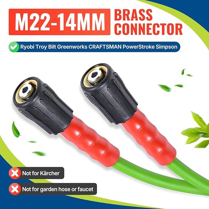 YAMATIC Super Flexible Pressure Washer Hose 30FT for Power Washer Replacement, Kink Resistant Extension With Leak-Free M22-14mm Female & 3/8" Quick Connect Adapters, 1/4" 3200 PSI, Green