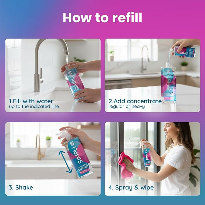SIMPLi All Purpose Cleaner Starter Kit – Multipurpose Cleaner Concentrate Refill 8.45 fl oz Makes 85 fl oz + Reusable Spray Bottle 17 fl oz – Surface Cleaner for Kitchen, Bathroom, Glass, Floor