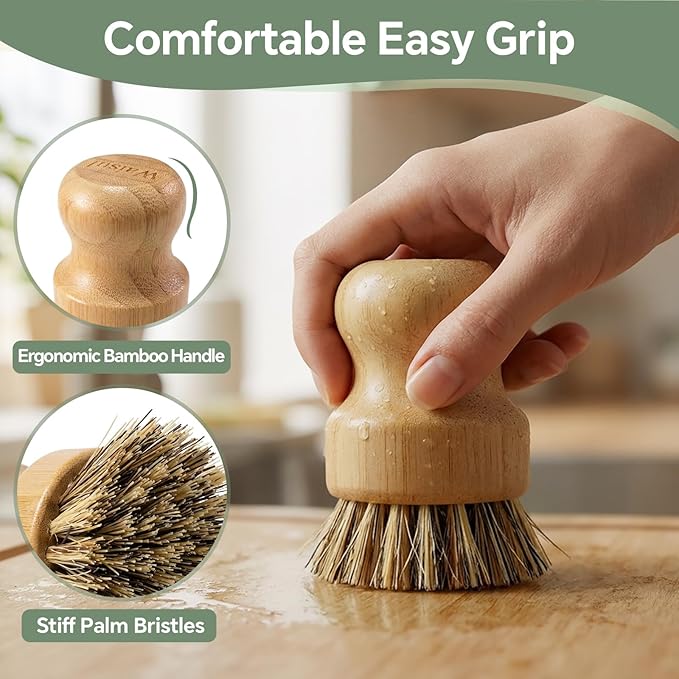Bamboo Dish Brush Set, 4 Pack, Plastic-Free (2 Medium Sisal, 2 Firm Coconut Coir), Dish Scrubber & Vegetable Brush for Cast Iron, Nonstick