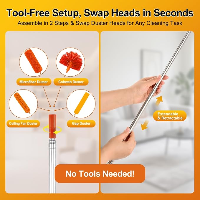 Tiumso 5-in-1 Duster with Extension Pole 100” Extendable Dusters for Cleaning Reusable Anti-Spin Dusting Kits for High Ceiling Fans, Cobwebs & Vents, Reinforced Stainless Steel Telescopic Handle