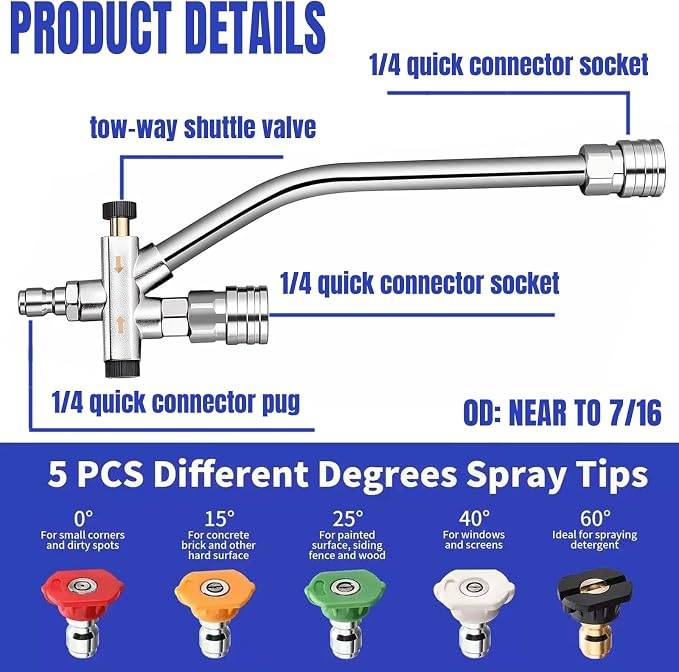 Foam Cannon Dual Connector Accessory, Pressure Washer Double Tip Attachment for Soap Cannon, 7 Pressure Washer Sprayer Nozzles, 1/4" Quick Connect, 4200 PSI