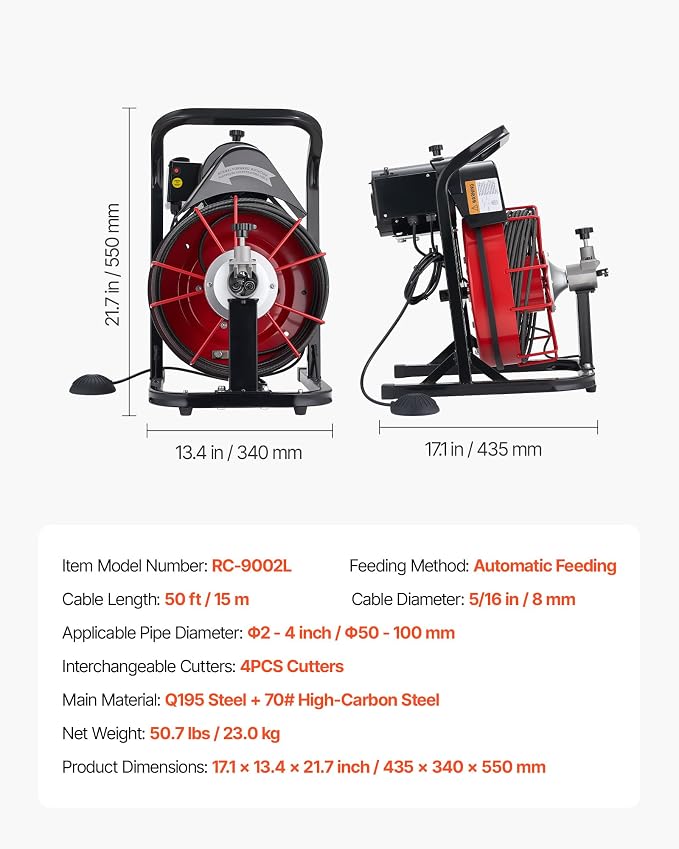 VEVOR Drain Cleaner Machine 50 FT x 5/16 Inch, Auto Feed Sewer Snake Auger with 4 Cutters & Air-Activated Foot Switch for 2" to 4" Pipes