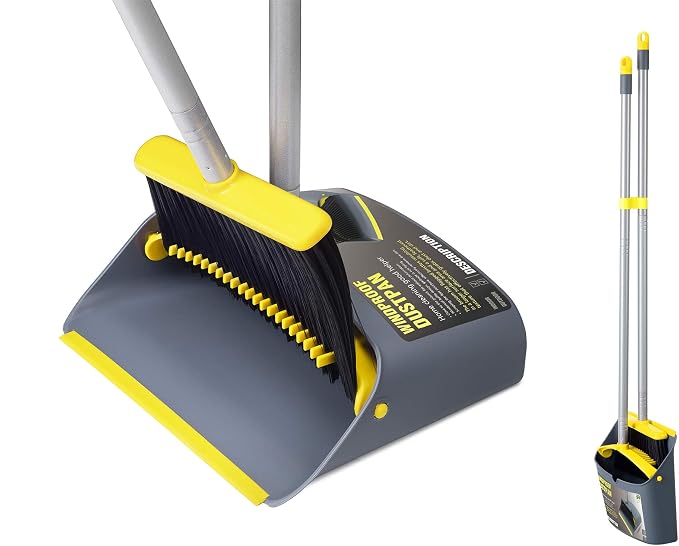 Long Handled Dustpan and Brush, Broom and Dustpan Set, Household Dust pan Combo with 54 Inch Handle for Indoor Outdoor Household Cleaning and Sweeping (Yellow)