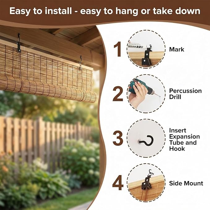 Light Filtering Privacy Screen Bamboo Blinds, 24" 36" 48" 60" 72" 78" Roman Shades for Indoor Windows, Outdoor Roll Up Bamboo Roller Shades Patio Gazebo, Cordless No Drill Blinds for Windows