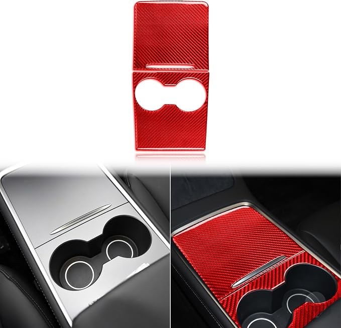 Red Real Carbon Fiber Trim for Tesla Accessories | for Model 3 2017-2022 / Model Y 2020-2024 Center Console Decoration Panel Sticker Interior Thick Overlay Decal - B