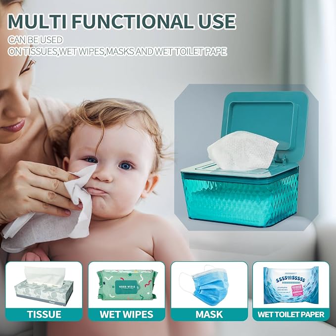 Wipes Dispenser, One-Handed Operation Wipe Holder for Baby & Adult, Seal-Designed Wipes Container for Bathroom Keep Diaper Wipes Fresh (2 Pack Green)