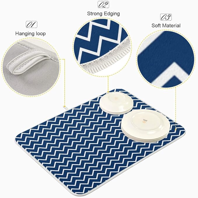 Nautical Navy Stripes Dish Drying Mat for Kitchen, Absorbent Microfiber Drying Pad Dish Mat, 24" X 18"