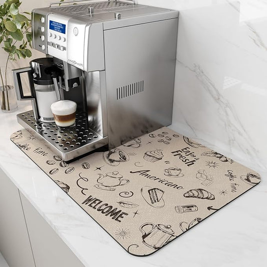 AMOAMI-Coffee Mat Hide Stain Rubber Backed Absorbent Dish Drying Mat for Kitchen Counter-Coffee Bar Accessories Fit Under Coffee Maker, Espresso Machine, Pot, Dish Rack (16X24,MILK TEA)