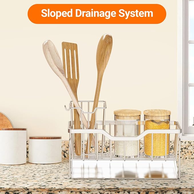 StorageRight Kitchen Sink Caddy Organizer, Rustproof Sponge Holder for Kitchen Sink, Instant Dry High Brush Holders with Drain Tray, Anti-Slip Sink Storage Organization Essentials, Silver