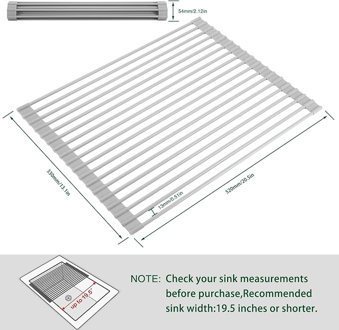 HANZENMA Roll Up Dish Drying Rack Over The Sink Kitchen Roll Up Sink Drying Rack Multipurpose Foldable Sink Drying Mat, Heat-Resistant, Anti-Slip & Anti-Rust Dish Rack for Kitchen, 20.5" x 13", Grey