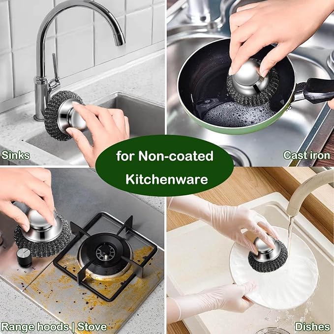 Stainless Steel Wool Scrubber with Handle, Heavy Duty Cleaner, Metal Pads | 2 Scrubbers + 3 Wire Sponge & Scouring Pads, Brush for Dishes Pots Pans Cast Iron, Sink Oven Grill