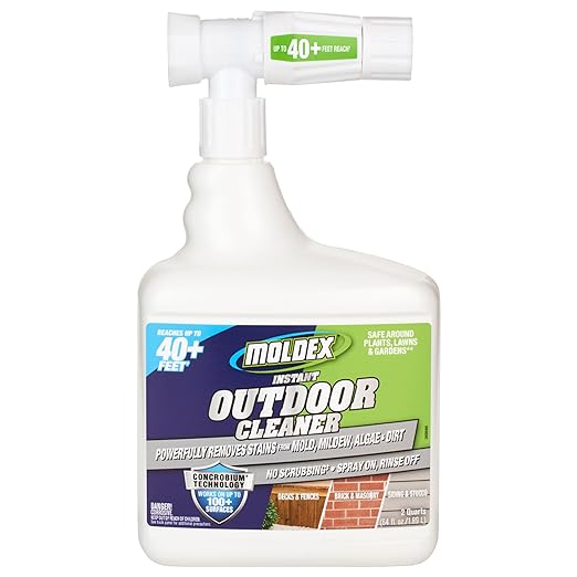 Moldex® Instant Outdoor Cleaner with Bleach and Hose End, 64 oz – Fast Acting Spray for Mold and Mildew Stains on Siding, Decks, Fences and Exterior Surfaces