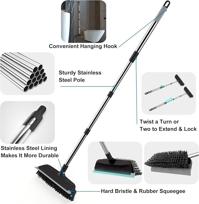 Heavy Duty Floor Scrub Brush with Long Handle, Adjustable Stainless Steel Handle, Stiff Bristles & Rubber Squeegee Scraper, Concrete Floor Scrubber for Cleaning Floor Concrete Deck Hardwood Patio Tile