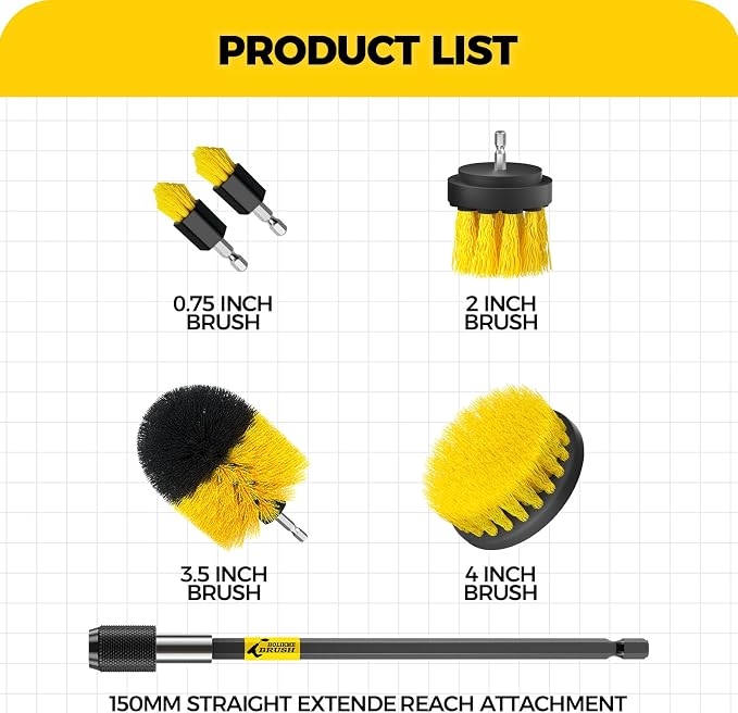 Holikme 6Pc Drill Brush Set - Soft Bristles with Extension for Home Clean | 5 Head Sizes, Yellow Nylon Fibers, Power Scrubber Attachments for Tile, Tub, Shower, Floors, Kitchen and Auto Interior Care