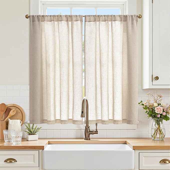 jinchan Linen Kitchen Tier Curtains, 38x45, 2 Panels, Natural | Light filtering, linen blend, rod pocket, farmhouse style, rustic decor, kitchen, bathroom, laundry room, RV, small windows