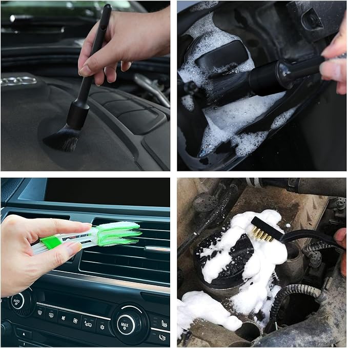 HMPLL 10pcs Detailing Brush Set, Multi-Purpose Car Detailing Brushes | for Cleaning Car Interior, Exterior, Engine, Leather, Including 5 car Cleaning Brush, 3 Wire Brush, 2 Air Vent Brush,Black