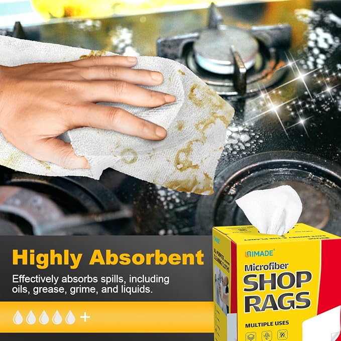 UNIMADE Shop Rags, 4 Boxes - 400 Sheets Microfiber Cleaning Cloth | Commercial Grade Washcloths Lint-Free Bulk Shops Towels for Cars Mechanic Restaurant Garage Housekeeping, 11"x 9", White