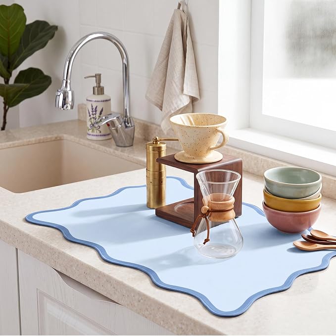 Nuanchu Blue Scalloped Dish Drying Mat for Kitchen Counter, Waterproof Easy Clean Non-slip Coffee Bar Station Accessories, Trendy Cute Aesthetic Modern Drainer Kitchen Drying Mat, 12" x 19"