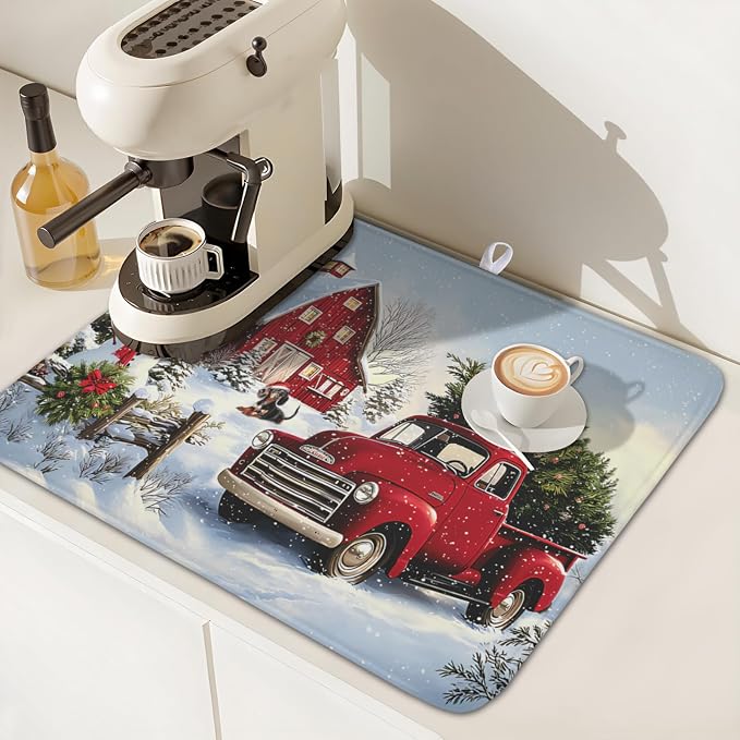 Giwawa Red Truck Dish Drying Mat Winter Xmas Tree Drainer Rack Pad 16"x18" Microfiber Absorbent Quick Dry Dish Sink Mat for Table Kitchen Counter