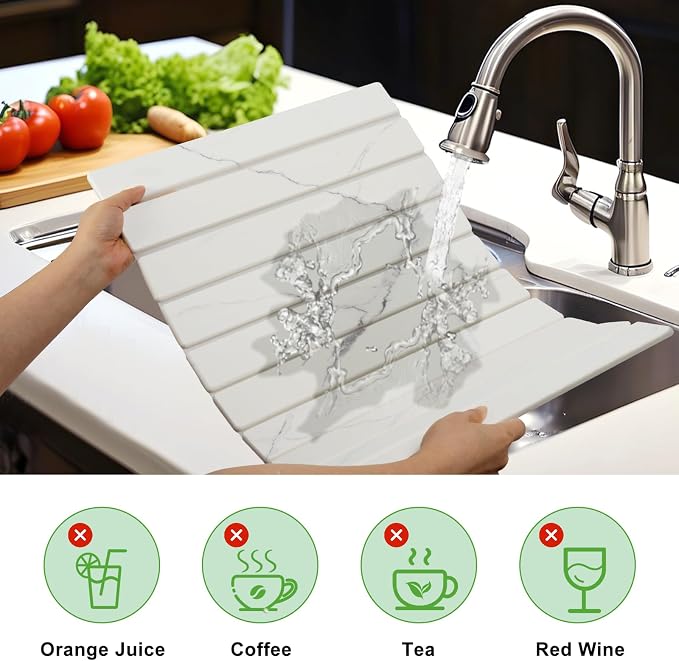 Large Stone Drying Mat for Kitchen Counter - 24"x16"Quick Drying Fast Absorbent Non-Slip kitchen Dish Drying Mats, Friendly Foldable Diatomaceous Earth Mats for Dishes Cups,Match Any Countertop