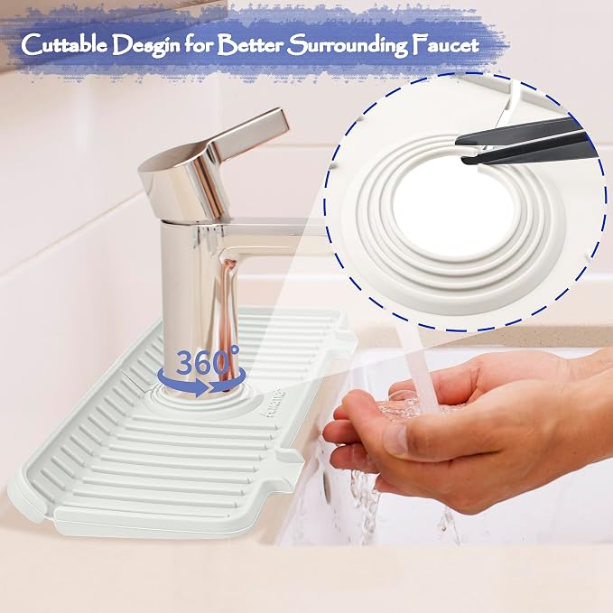 Amerner Kitchen Sink Splash Guard, Silicone Faucet Guard & Draining Mat, Bathroom and Kitchen Sink Organizer, Sink Faucet Mat Water Splash Guard Behind Faucet Accessories Gadgets, 14.2” x 5.1”, White