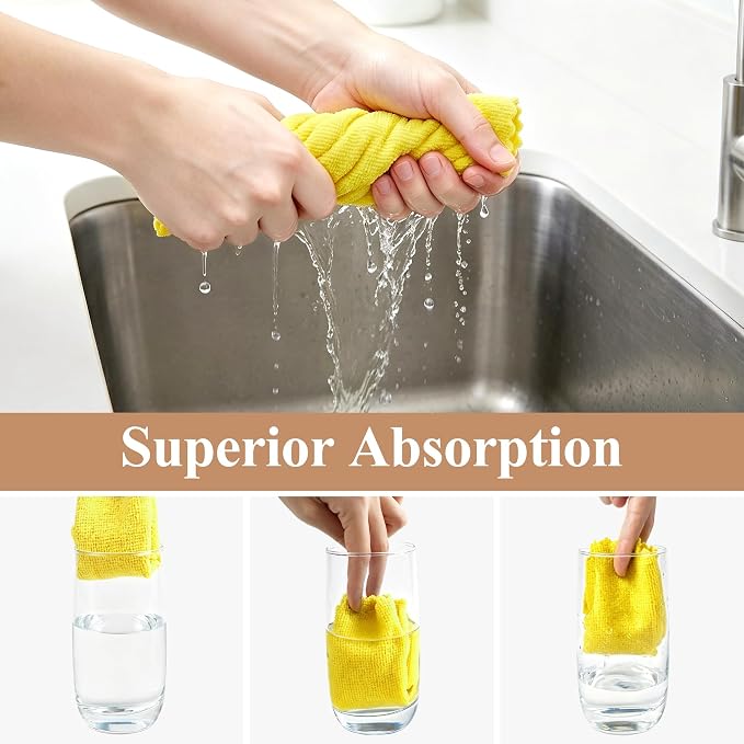 30 Pack Microfiber Cleaning Cloths, Dish Towels for Kitchen, Cleaning Rags for Car, Window, Bathroom, Household, Ultra Absorbent Cleaning Supplies Lint Free Streak Free, Reusable & Washable (Yellow)