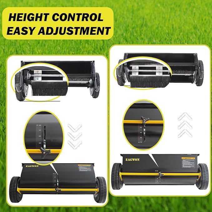 Push Lawn Sweeper, 26-Inch Width, 7 Cu. Ft. Hopper Capacity, 4 Spinning Brushes, Adjustable Height, Durable Steel Frame with Rubber Wheels,Yellow&Black