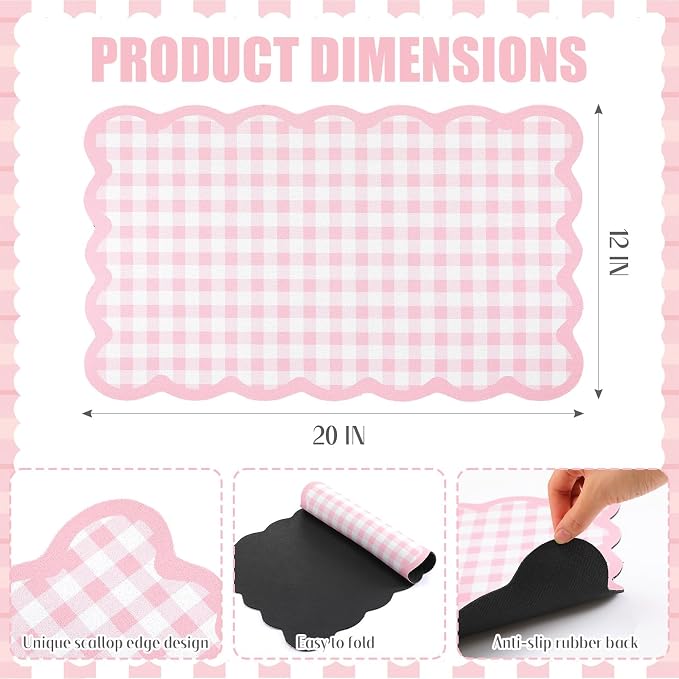 Scalloped Gingham Coffee Mat 12" x 20" Absorbent Coffee Bar Mat Gingham Espresso Matt for Counter(Pink)