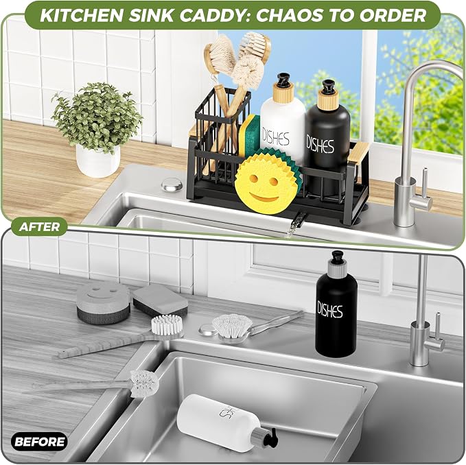 Sponge Holder for Kitchen Sink, Sink Caddy Organizer with Dish Brush Holder, Sink Organizer Rack with Suction Cups, Smiley Face Sponge Caddy Self Drain for Soap Dispenser Storage Accessories