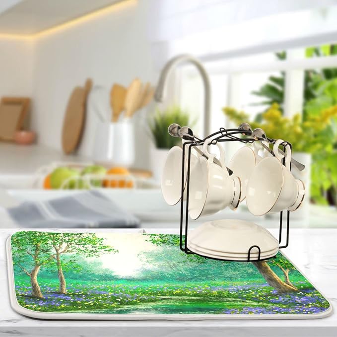 Absorbent Dish Drying Mat for Kitchen Counter - Green Tree Forest Microfiber Drying Pad, Reversible Drainer Mats for Countertop, Lager 18 x 24 inch