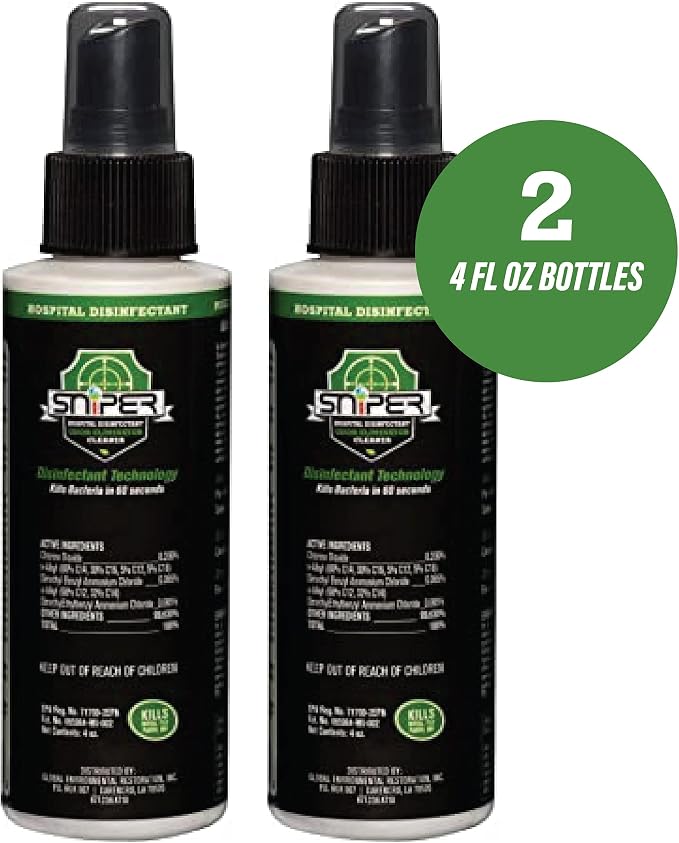 SNiPER Hospital Disinfectant, Odor Eliminator & All-Purpose Cleaner, 4 Ounce Spray, 2-Pack