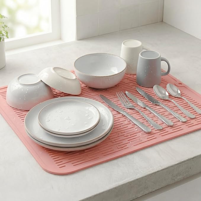 MicoYang Silicone Dish Drying Mat for Multiple Usage,Easy clean,Eco-friendly,Heat-resistant Silicone Mat for Kitchen Counter or Sink,Refrigerator or Drawer Liner Pink XL 18 inches x 16 inches