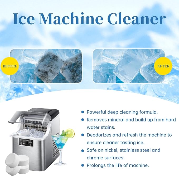 Ice Machine Cleaner Tablets Descaler, 48 Pack Ice Maker Cleaner, Nickel Safe Scale for Countertop Portable Nugget Ice Makers Cleaning, Remove Hard Water Buildup, Odor-Free