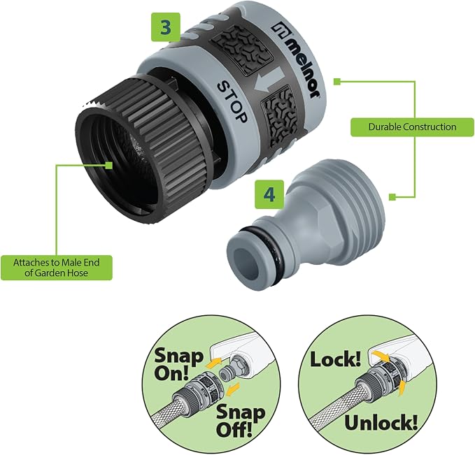 Melnor 65180AMZ 3 Piece Quick Connect Starter Set Connector Bundle, Product Adapter, Product End Connector, Black, Grey