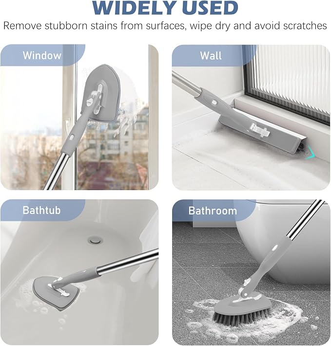 SetSail 4-in-1 Tile Tub Floor Scrubber with V-Shaped Grout Brush, Gray | with 3 Detachable Replacement Brush Head, Multi-Angle Cleaning Locks at 45°, 90°, 180° for Bathroom Kitchen Walls Tub Tile