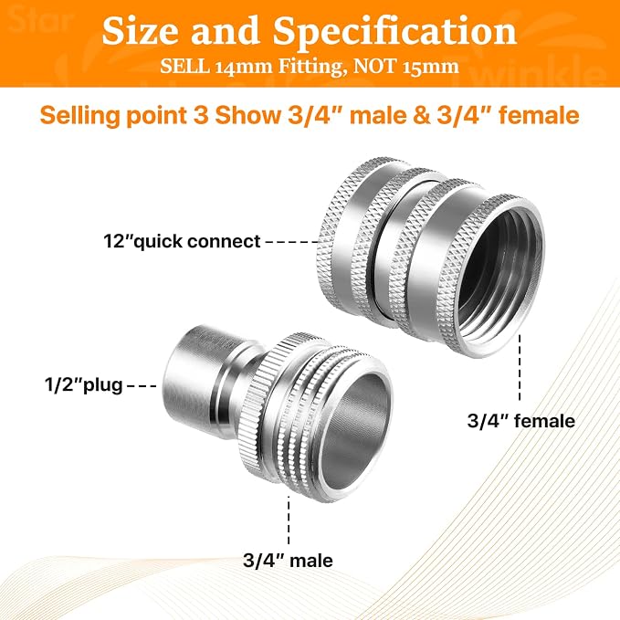 Twinkle Star Pressure Washer Adapter Set, Stainless Steel, 9 Sets | Quick Disconnect Kit, M22 14mm Quick Connect Swivel to 3/8" Fittings, 3/4" to Quick Release
