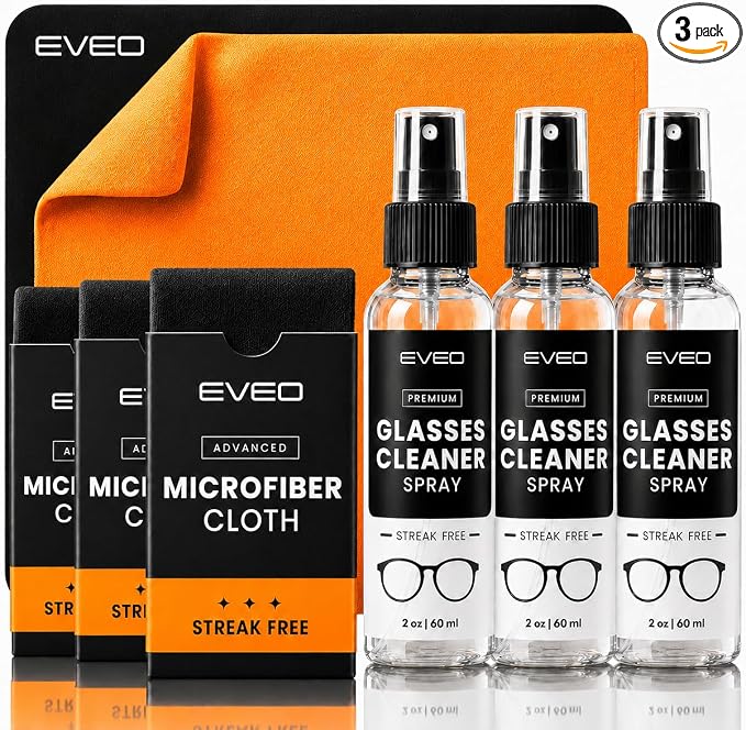 EVEO Glasses Cleaner Spray - Eyeglass Cleaner (No Streaks)| x3 Eye Glass Cleaners Spray + x3 Lens Cleaner Microfiber Cleaning Cloth, Glasses Cleaning Kit Eye Glasses Cleaner Spray & Cloth - 6oz(2ozx3)