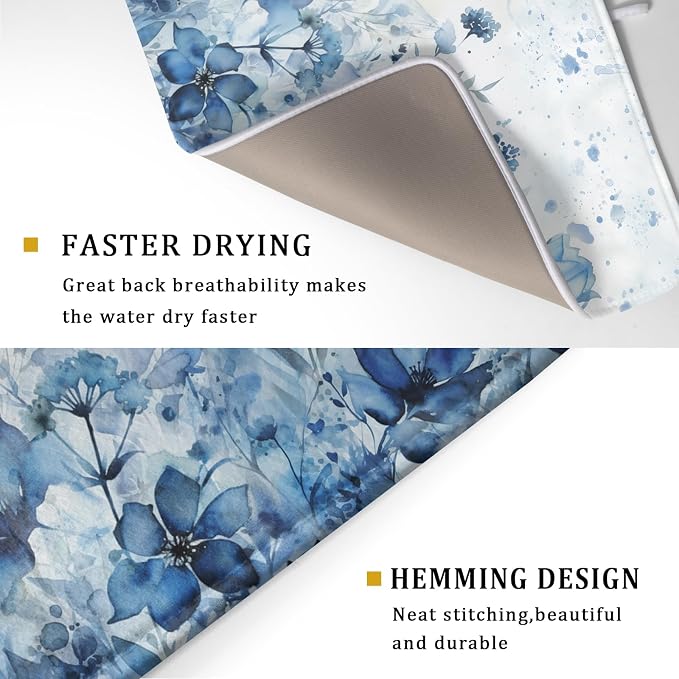 Giwawa Blue Floral Dish Drying Mat for Kitchen Counter Watercolor Leaves Dishes Drainer Rack Mat Absorbent Microfiber Dish Draining Pad 18x24 Inch
