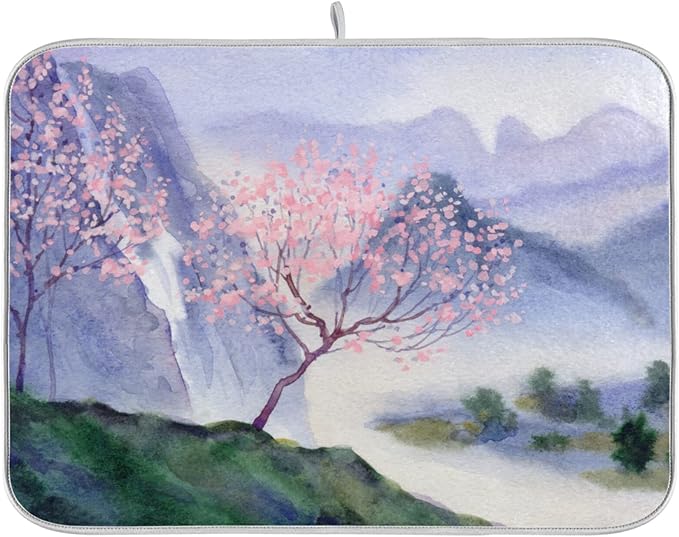 Absorbent Dish Drying Mat for Kitchen Counter - Chinese Painting Colors Microfiber Drying Pad, Reversible Drainer Mats for Countertop, Lager 18 x 24 inch