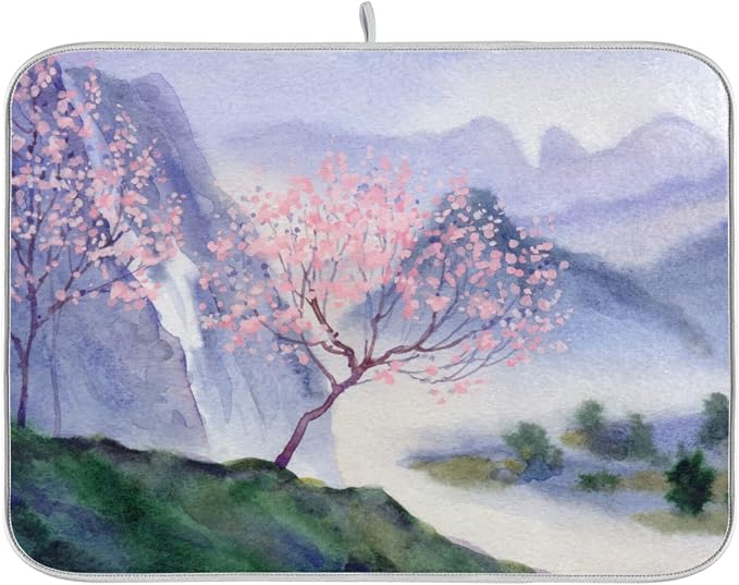 Absorbent Dish Drying Mat for Kitchen Counter - Chinese Painting Colors Microfiber Drying Pad, Reversible Drainer Mats for Countertop, Small 16 x 18 inch