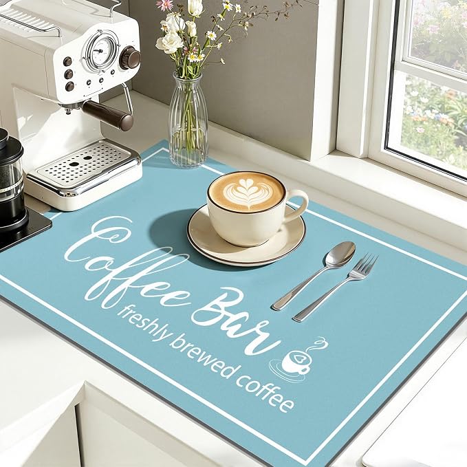 Findosom Dish Drying Mat, 18" x 24" Super Absorbent & Hide Stain Coffee Mat, Cuttable Drying Mat for Kitchen Counter, Coffee Bar Accessories, Under Dish Rack, Coffee Maker, Espresso Machine, Blue