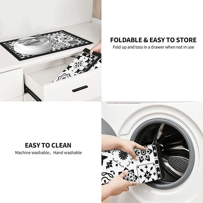 Retro Black Pattern Dish Drying Mat For Kitchen Counter, Super Absorbent Microfiber Dish Drying Pad, Kitchen Gadgets For Easy Clean Multi-Use Large 18"x24"