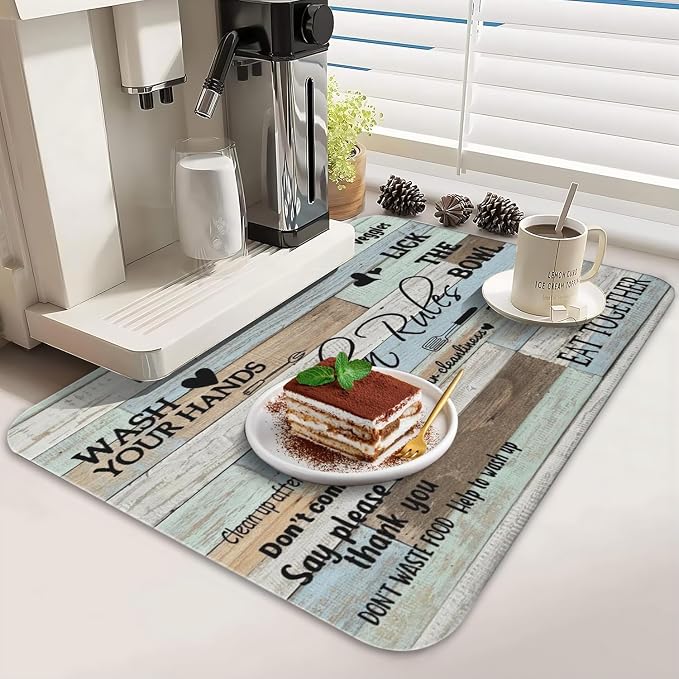 Dish Drying Mat 2-Pack in Kitchen Rules for Kitchen Counter Dishes Mat | Diatom Mud Mats (18x24, 19.5x12"). Non-slip rubber back for kitchen counter, coffee bar & sink scenes